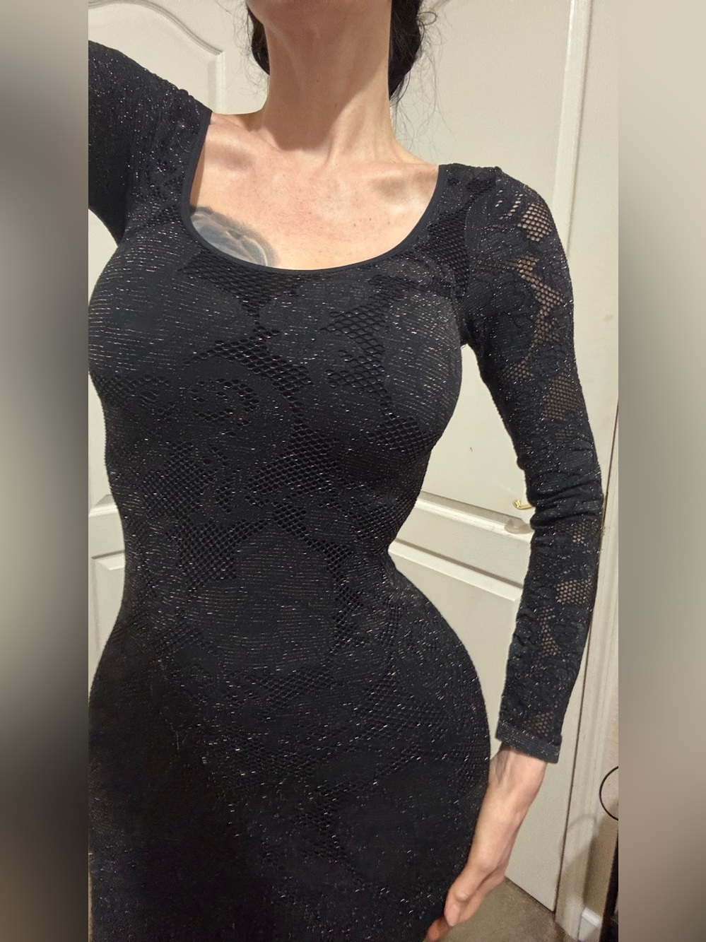 Bebe Black Glittery Long Sleeve Lace Bodycon Dress S
